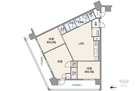 間取りは専有面積70.63平米の3LDK。バルコニー面積は22.11平米です。