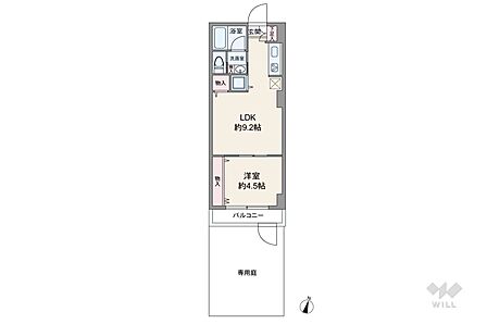 間取りは専有面積34.92平米の1LDK。LDK約9.2帖のプラン。テラス面積は3.6平米です。