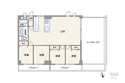 間取り:間取りは専有面積105.8平米の4LDK。ルーフガーデン付きのプラン。複数方向に採光部があり、バルコニー面積は13.44平米です。 間取り:間取りは専有面積105.8平米の4LDK。ルーフガーデン付きのプラン。複数方向に採光部があり、バルコニー面積は13.44平米です。