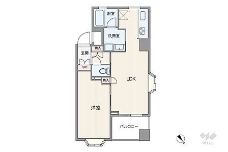 間取りは専有面積39.93平米の1LDK。縦長リビングのプラン。バルコニー面積は4.08平米です。