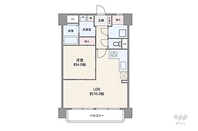 間取り：間取りは専有面積36.00平米の1LDK。LDK約10.2帖のプラン。バルコニー面積は5平米です。