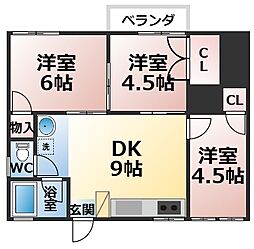 アクア上白川B棟 2階3DKの間取り