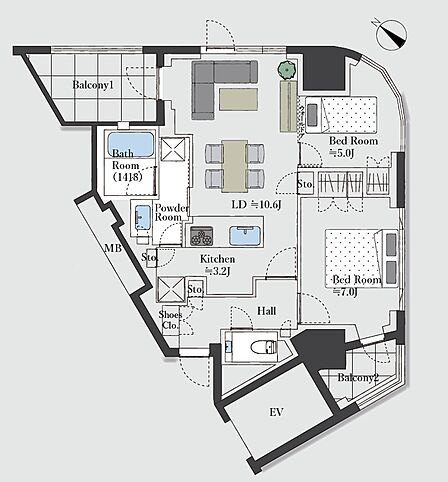 2LDK、専有面積61.11m2、バルコニー面積10.07m2 【間取り図】