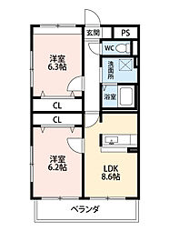 マーレ荘高浜 3階2LDKの間取り