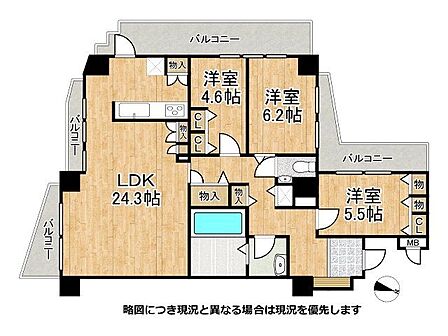 専有面積99m2超の広々とした3LDK。南向きで陽当り良好です。