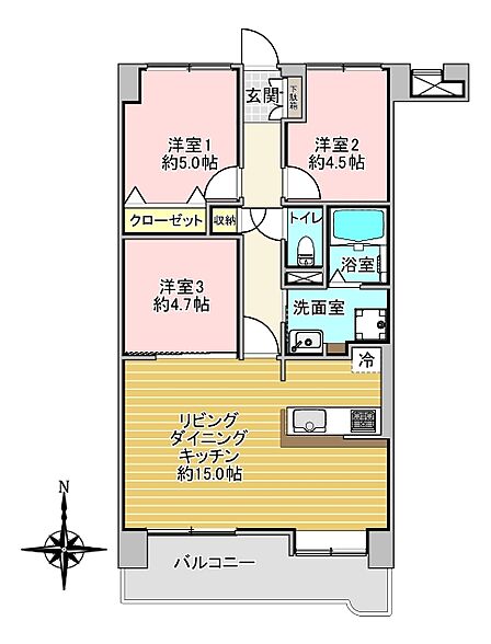 【間取り】 3LDK 専有面積 65.40m2 バルコニー面積 8.91m2