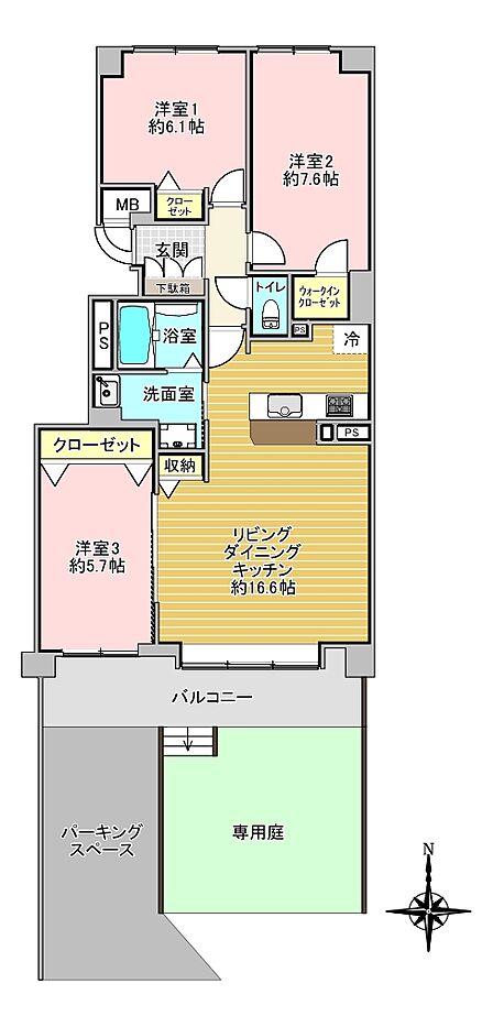 【間取り】 3LDK 専有面積 77.00m2 バルコニー面積 10.35m2