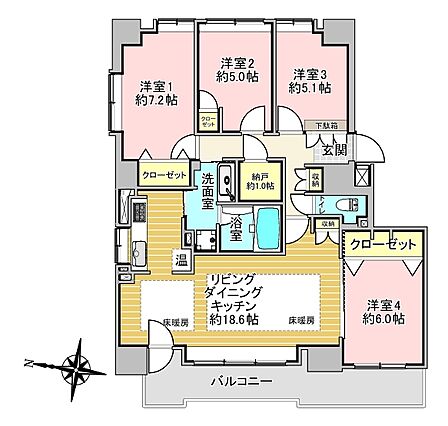 【間取り】 4LDK+S 専有面積 95.60m2 バルコニー面積 14.18m2