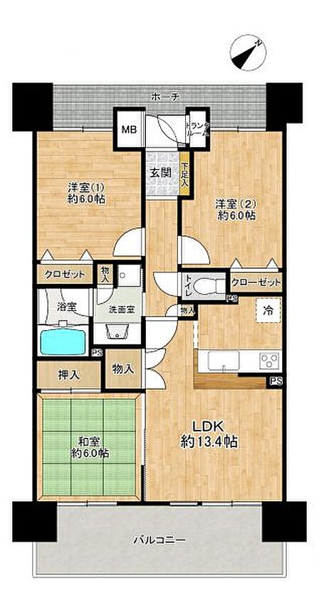 14階建て中古マンション5階部分、南東向き・3LDKの間取りです!各居室は6帖以上ございます。