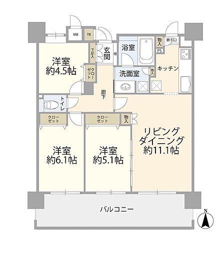 間取り3LDK、専有面積69.05平米、バルコニー面積15.12平米。