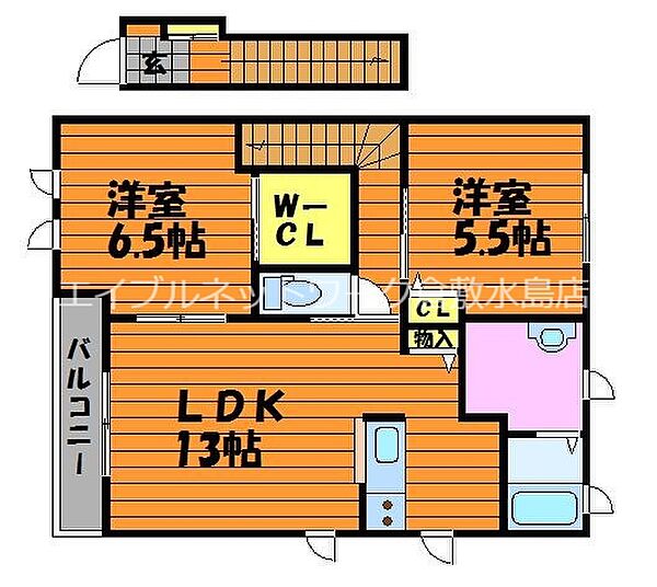 アンソレイユII　B棟 ｜岡山県倉敷市中島(賃貸アパート2LDK・2階・65.66㎡)の写真 その2