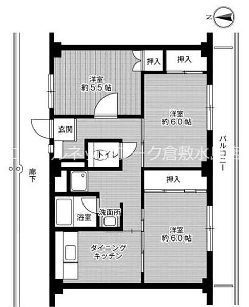 ビレッジハウス浦田　3号棟 ｜岡山県倉敷市福田町浦田(賃貸マンション3DK・3階・57.96㎡)の写真 その2