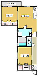 クリエオーレ下神田1 2DKの間取図画像