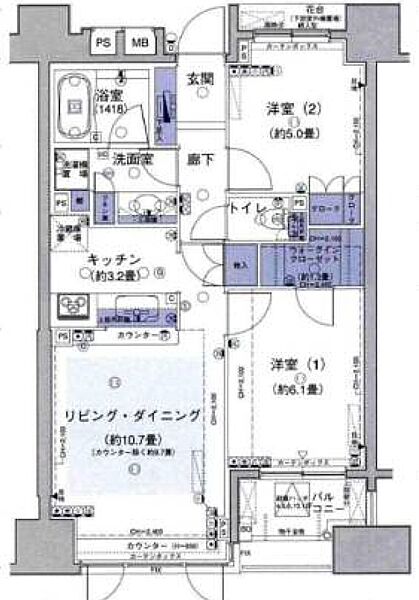 東京都中央区湊３丁目(賃貸マンション2LDK・6階・57.56㎡)の写真 その2
