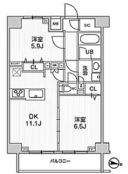 東京メトロ日比谷線 南千住駅 徒歩8分の賃貸マンション 9階2LDKの間取り