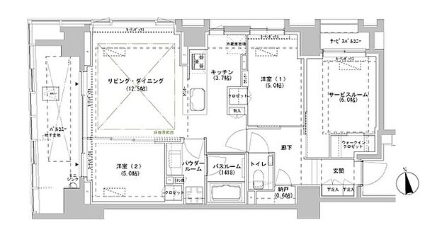 東京都新宿区南山伏町(賃貸マンション2SLDK・13階・71.71㎡)の写真 その2