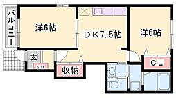 リバーサイドパレス松陽2 2DKの間取図画像
