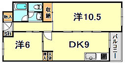 夢野ハイタウン1号館 2LDKの間取図画像
