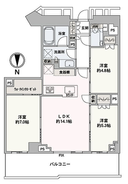 3LDK、全居室に収納があります。