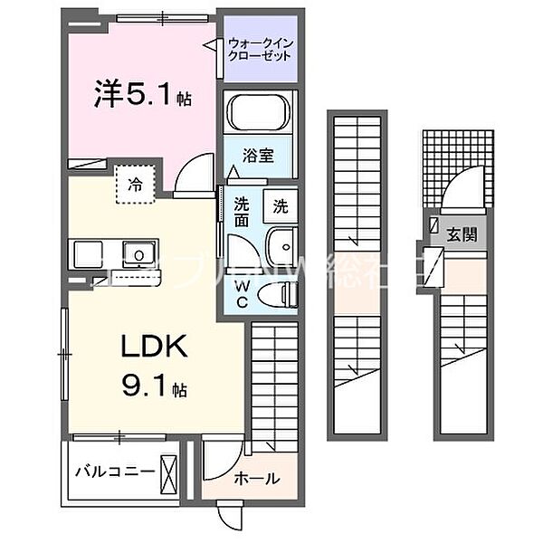 岡山県総社市中央3丁目(賃貸アパート1LDK・3階・42.20㎡)の写真 その2