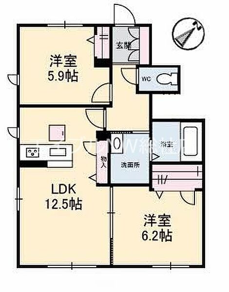 岡山県倉敷市中島(賃貸アパート2LDK・1階・57.63㎡)の写真 その2