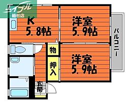 オーラA 2Kの間取図画像