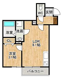 フェリシティ三萩野 1階1LDKの間取り