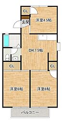 ボンセジュール企救丘B 3DKの間取図画像