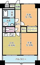 ニューシティアパートメンツ南小倉2 2DKの間取図画像