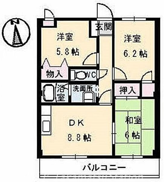 フィネス2000 ｜香川県高松市木太町(賃貸マンション3DK・2階・59.76㎡)の写真 その2