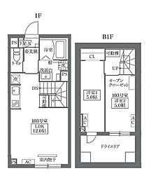 COCOCUBE鵜の木 1階2LDKの間取り