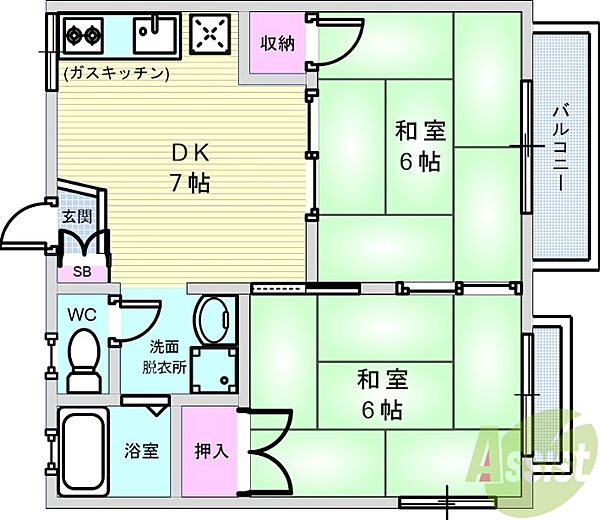 間取：2ＤＫ（40平米）独立洗面台・室内洗濯機置場・下駄箱・収納