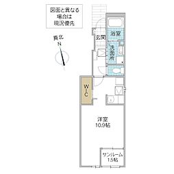 ハーヴェストヒル D 1階ワンルームの間取り