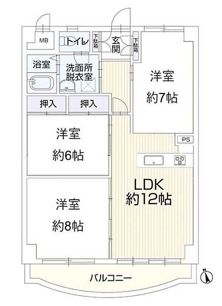 3LDK、専有面積72.00m2、南向け