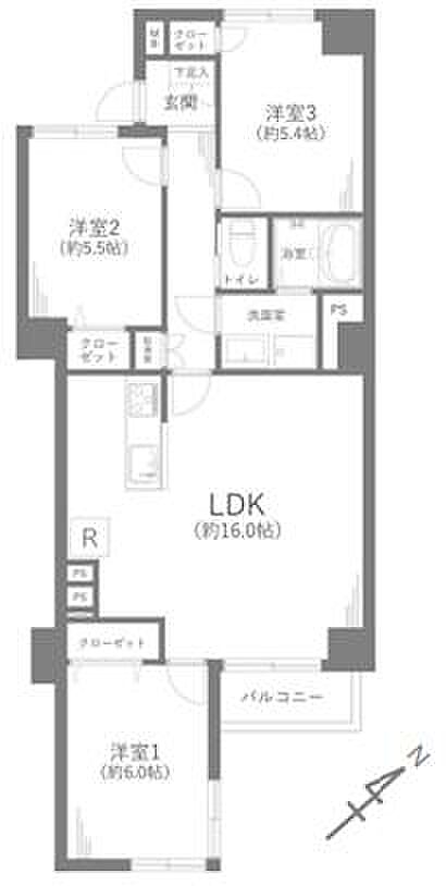 3LDK、専有面積73.69m2、南東向け