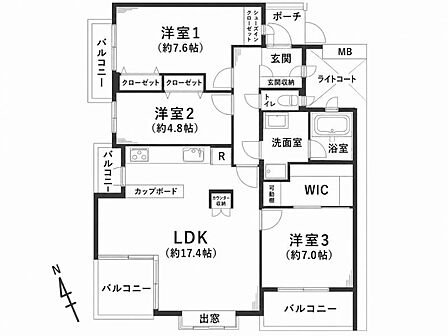 3LDK、専有面積83.45m2、南西角部屋