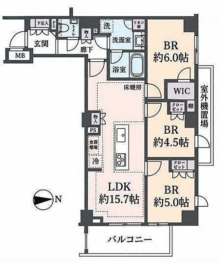 3LDK、専有面積70.56m2、東向け角部屋