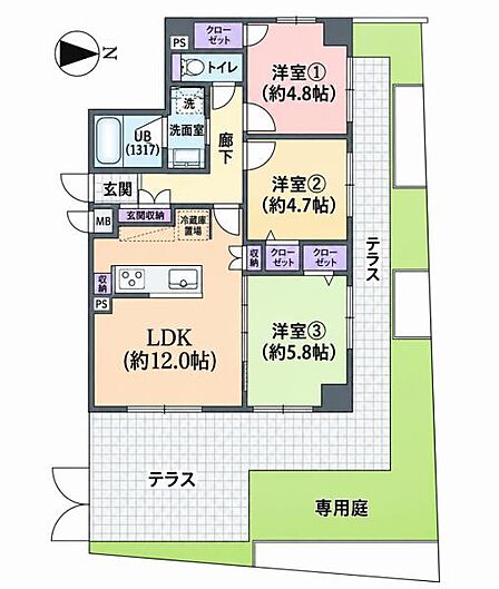3LDK、専有面積61.50m2、東向け