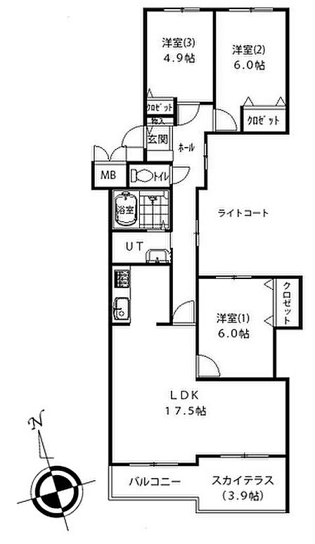 3LDK、専有面積76.78m2、バルコニー面積9.96m2