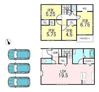 間取り：2025年1月完成予定！駐車3台可能、オール電化で収納も充実した角地です！