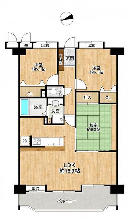 使い勝手の良い3LDKの間取り♪各居室に収納完備！