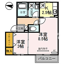 リンデンバウムD棟 2Kの間取図画像
