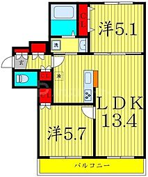 都営新宿線 船堀駅 徒歩10分の賃貸マンション 3階2LDKの間取り