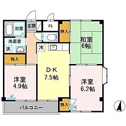 サンライズいわさき 3DKの間取図画像