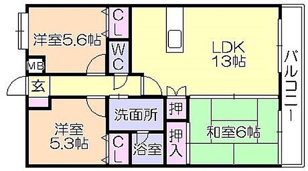 福岡県久留米市御井旗崎2丁目(賃貸マンション3LDK・5階・68.85㎡)の写真 その2