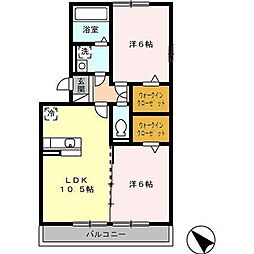 西鉄甘木線 大城駅 3.8kmの賃貸アパート 2階2LDKの間取り