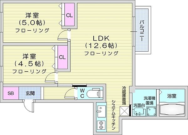 北海道札幌市東区本町一条1丁目(賃貸マンション2LDK・2階・52.86㎡)の写真 その2
