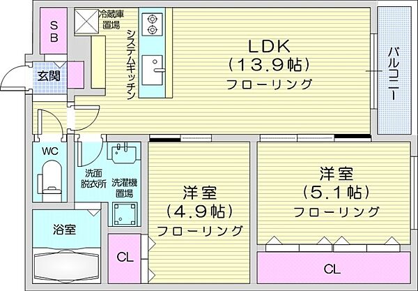 北海道札幌市西区発寒六条5丁目(賃貸マンション2LDK・4階・54.36㎡)の写真 その2