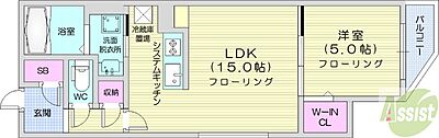 間取り：1LDK、エアコン、システムキッチン、独立洗面台