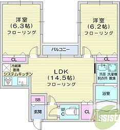 BRAMA南11条 1階2LDKの間取り